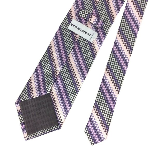 Bruno Rossi Mens Silk Neck Tie 58 L Diagonal Stripes Purple & Green - Picture 2 of 3